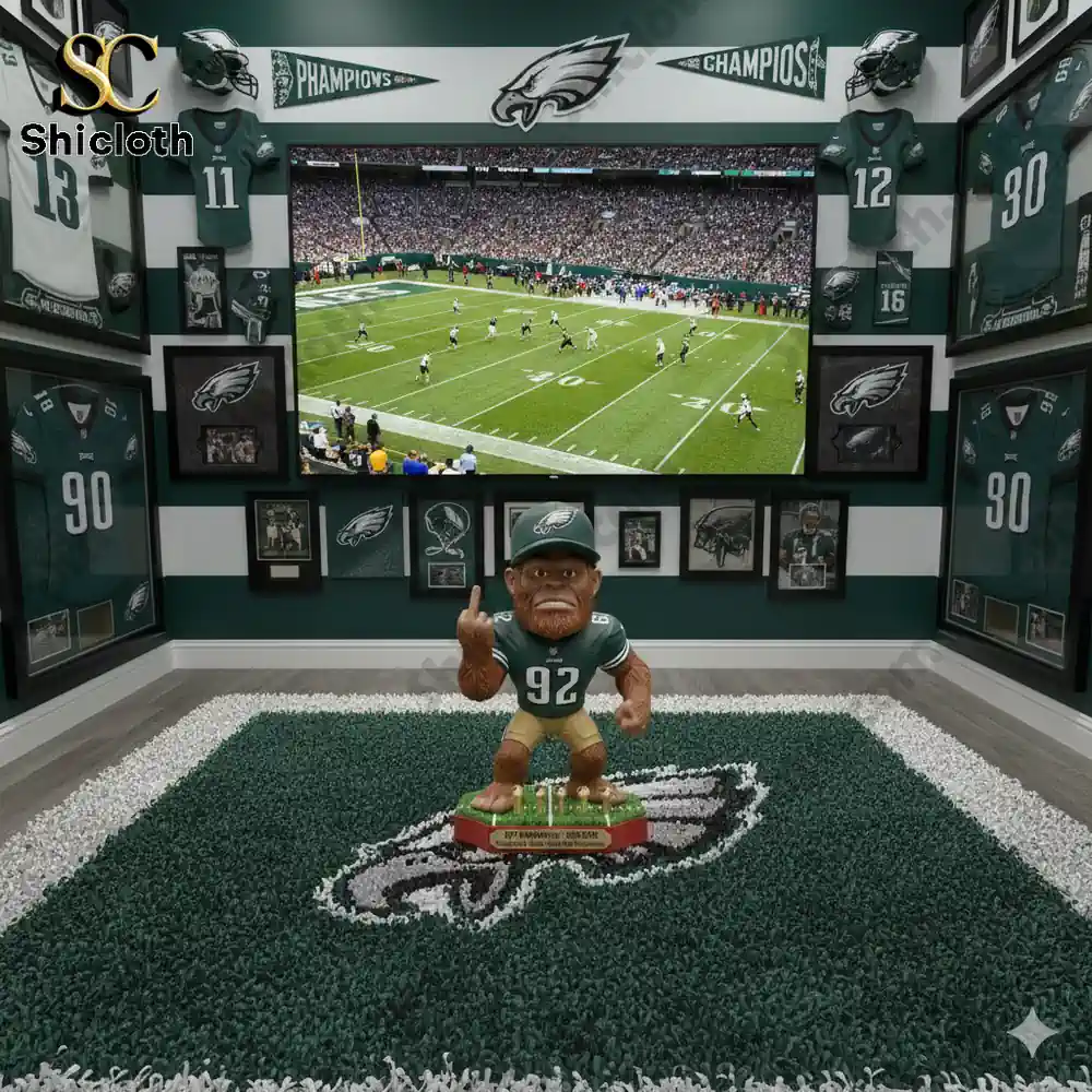The Eagles Sasquatch figurine displayed in the center of a fan cave filled with team jerseys helmets and a large screen showing a football game.
