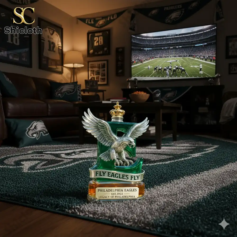 Philadelphia Eagles trophy displayed in a fan’s living room with a football game on TV.