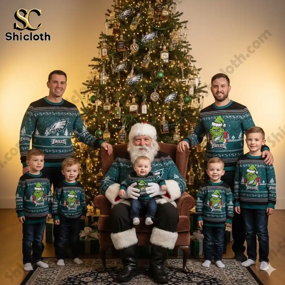 Philadelphia Eagles The Grinch wearing a Santa Claus hat Ugly Christmas Sweaters
