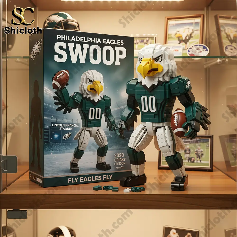 Philadelphia Eagles Mascot Brick Pop Figure Doll 3 A detailed view of the finished Swoop building block figure standing in front of the Philadelphia Eagles Swoop box!