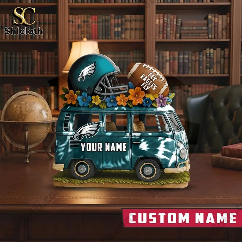 Philadelphia Eagles decorative van displayed in a classic library setting.