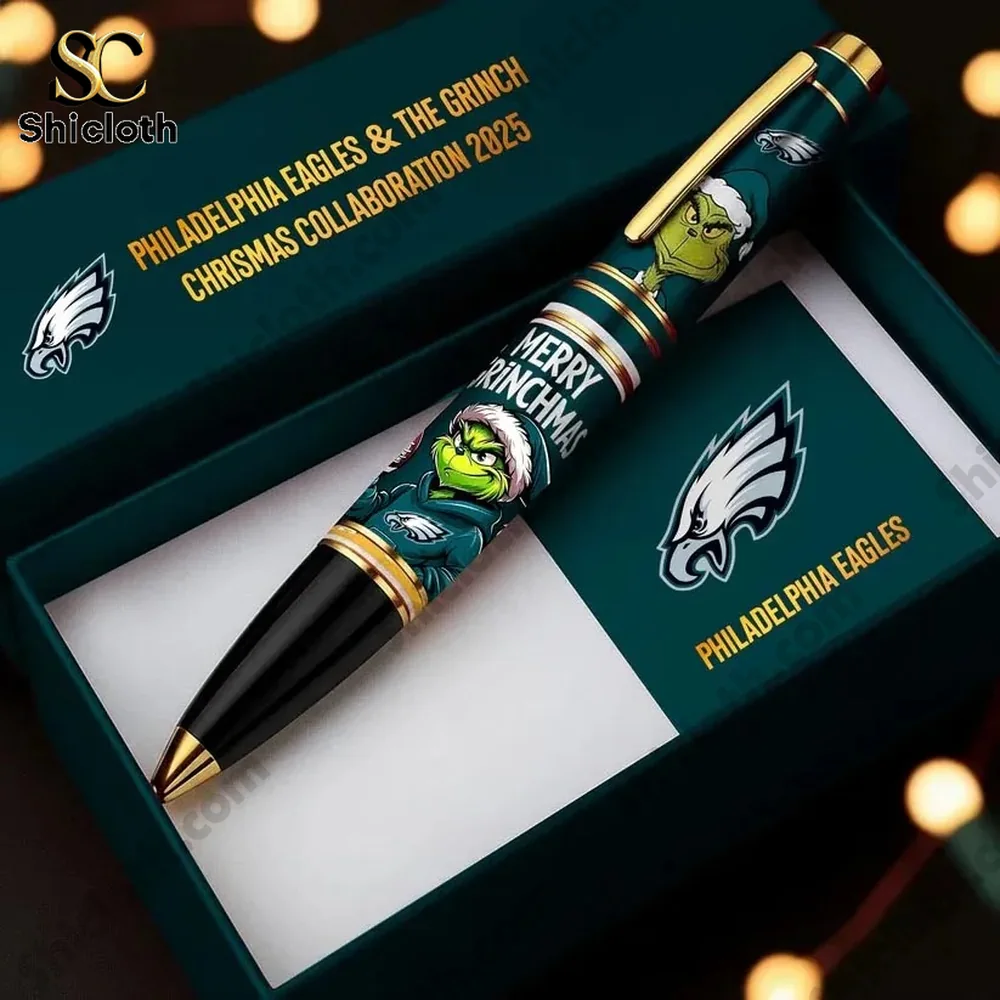 A Christmas themed pen featuring a green character and the Philadelphia Eagles logo in a gift box!