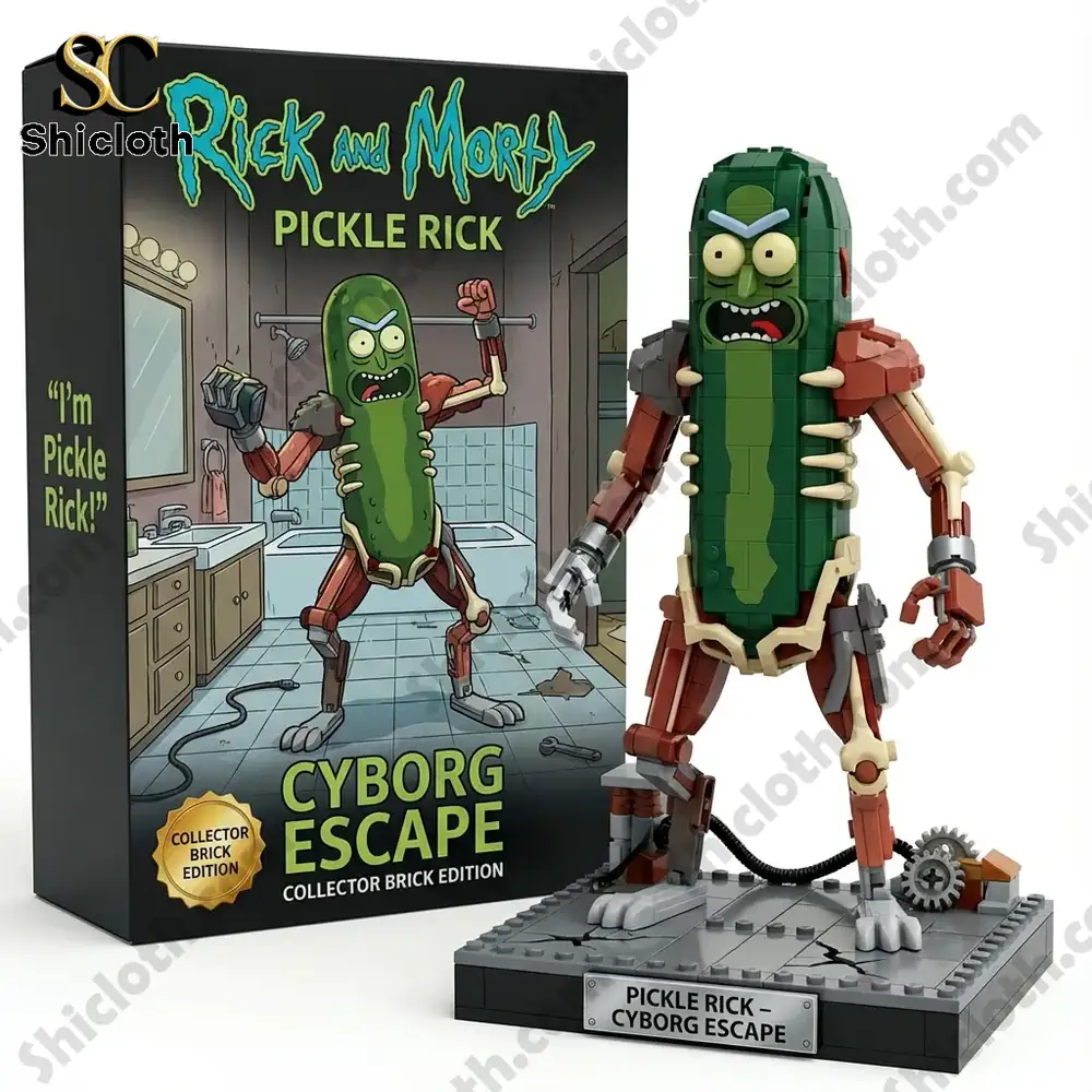 Pickle Rick cyborg brick model posed beside product box