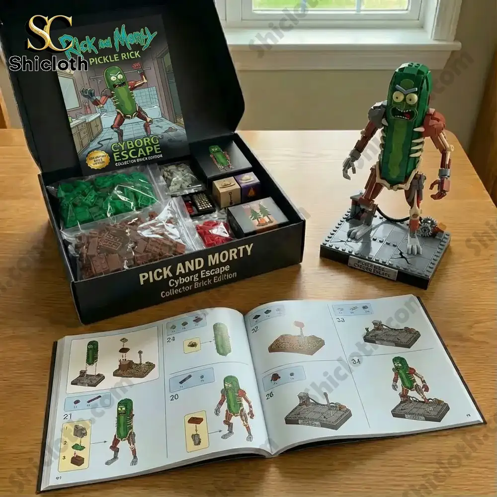 Open brick kit with parts manual and completed Pickle Rick cyborg figure