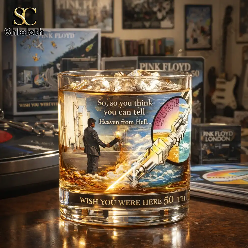 Demogorgon Sculpted Whiskey Glass 86 Pink Floyd Wish You Were Here anniversary whiskey glass on table!