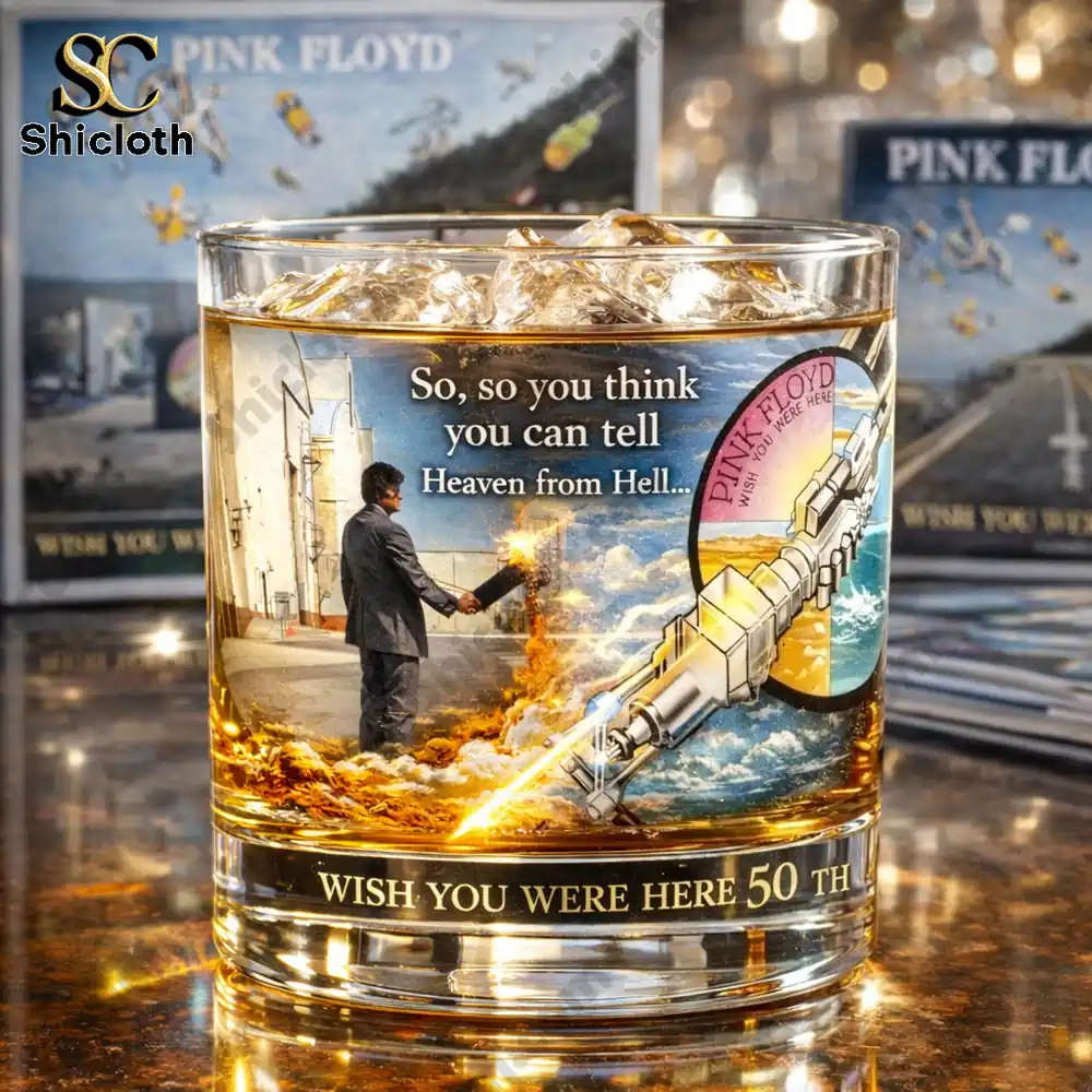 Pink Floyd Wish You Were Here whiskey glass with ice!