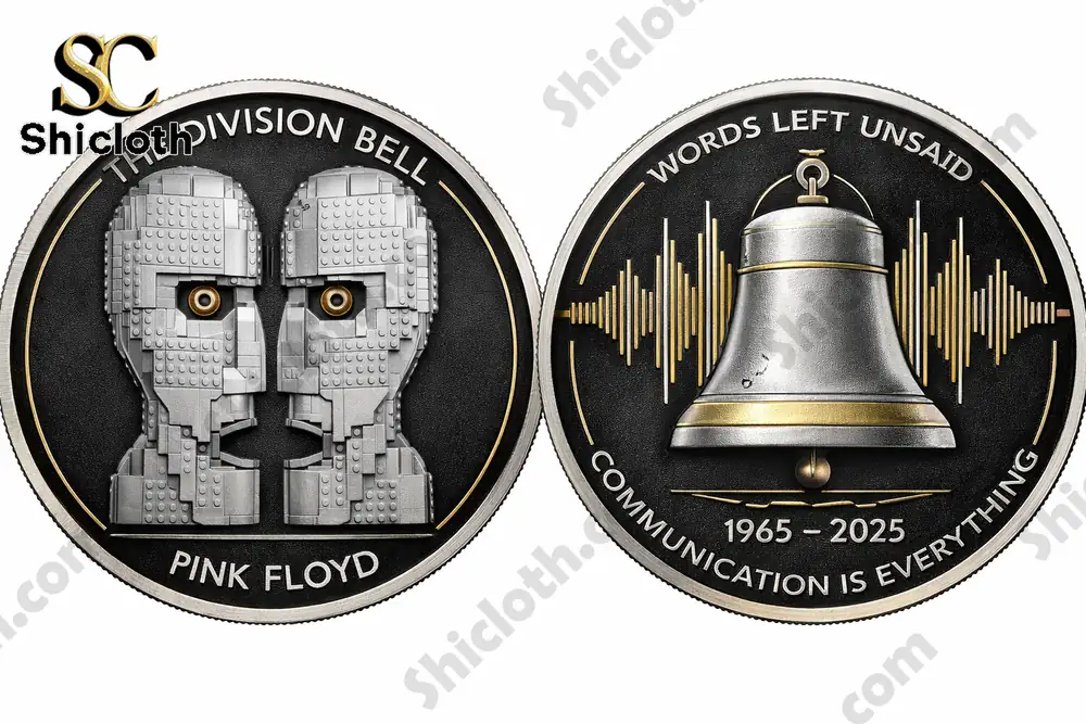 Commemorative coin front showing two metallic faces inspired by The Division Bell by Pink Floyd!