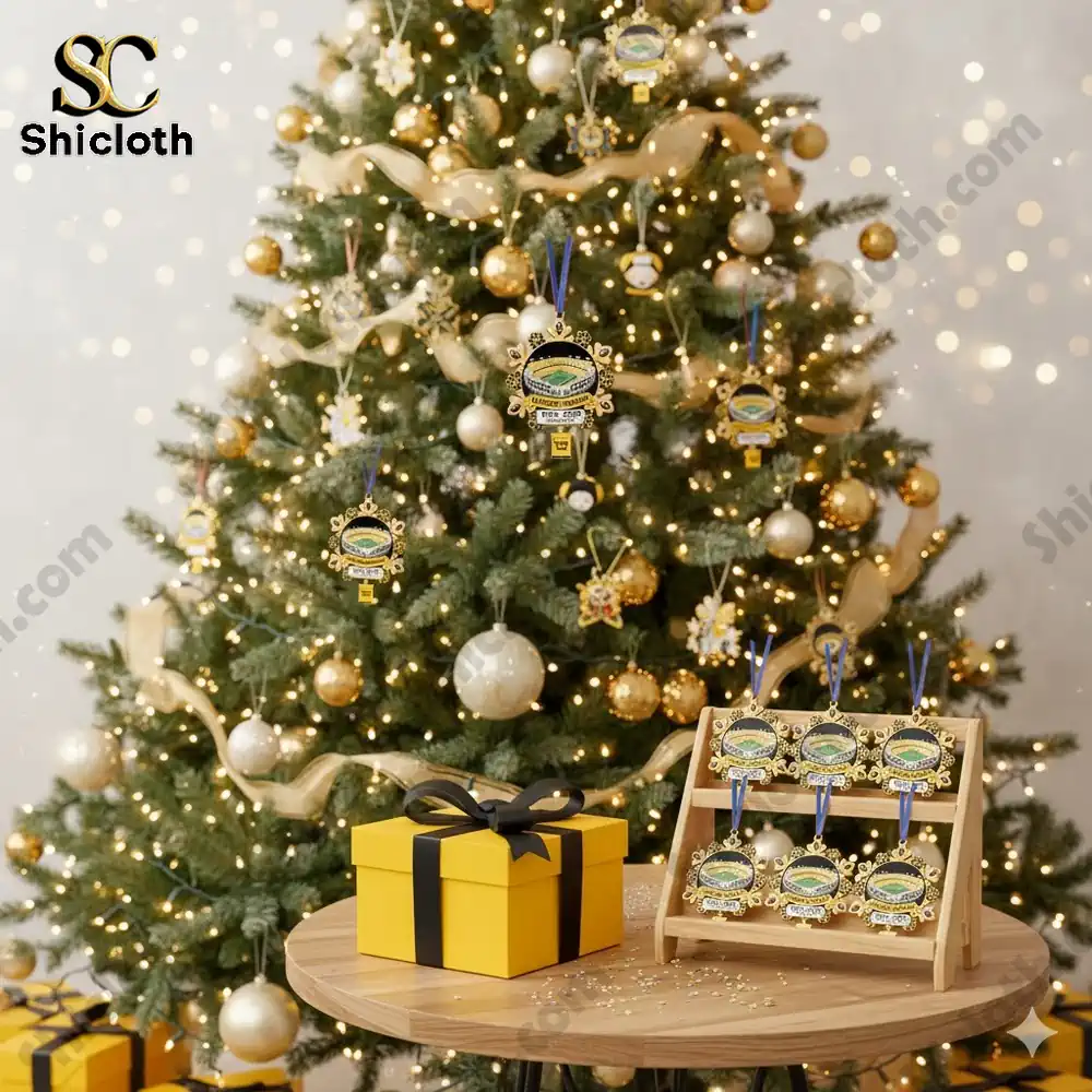 Christmas tree decorated with stadium themed ornaments and a gift box on a wooden table!