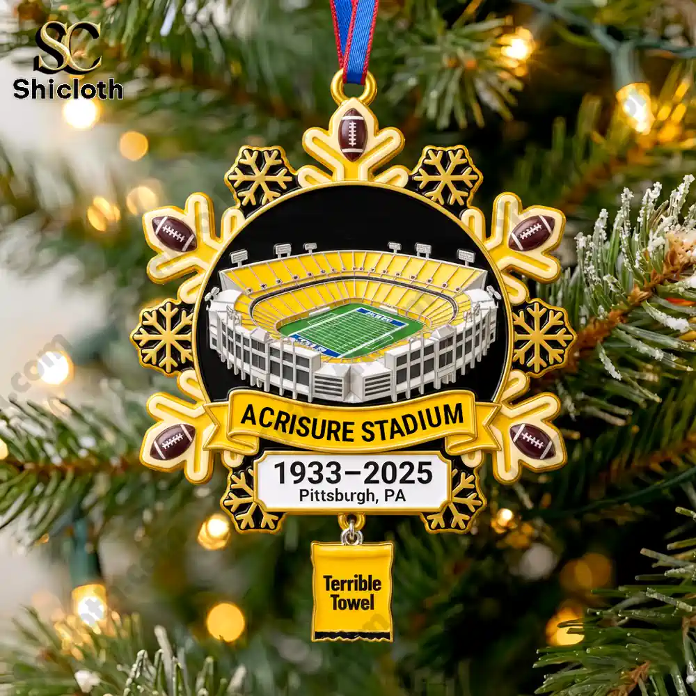 Close up of an Acrisure Stadium ornament hanging on a Christmas tree!