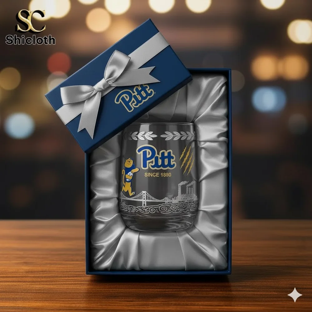 A Pitt themed glass presented in a blue gift box with a silver bow from Shicloth.