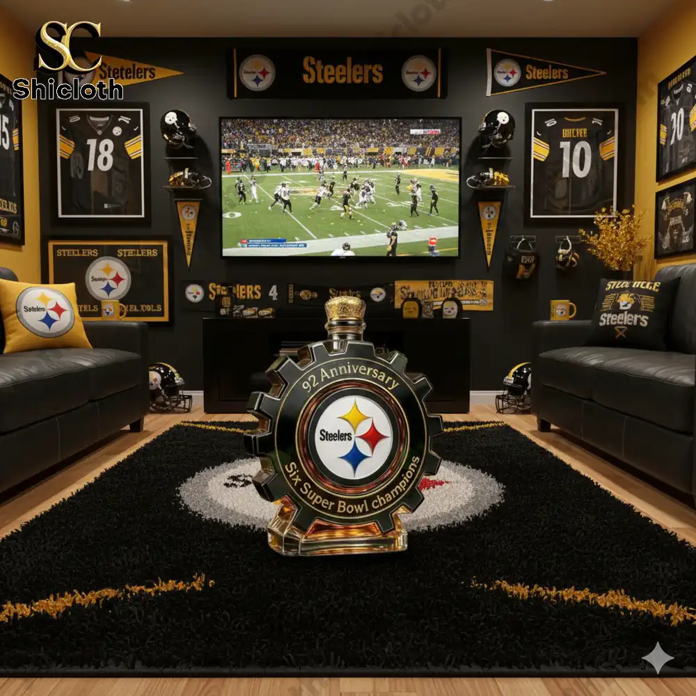 Steelers themed whiskey bottle displayed in a dedicated fan room!