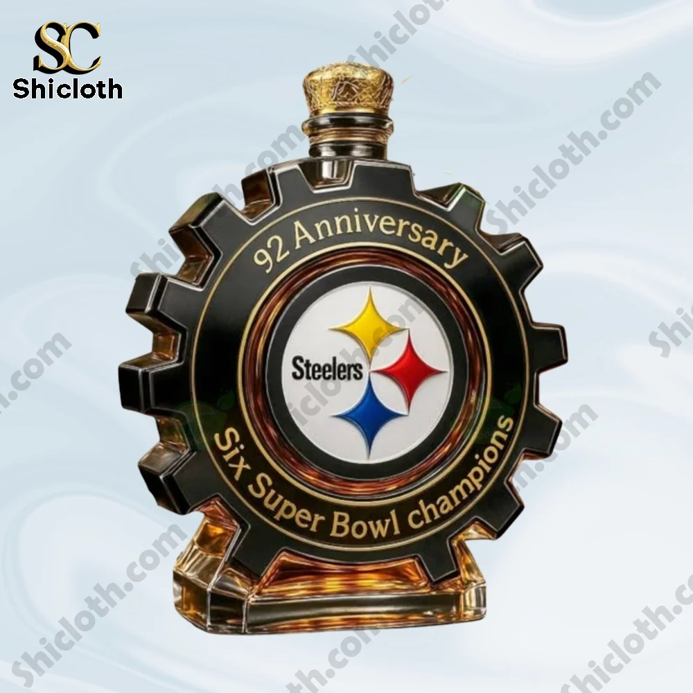 Steelers championship gear shaped whiskey bottle on clean background!