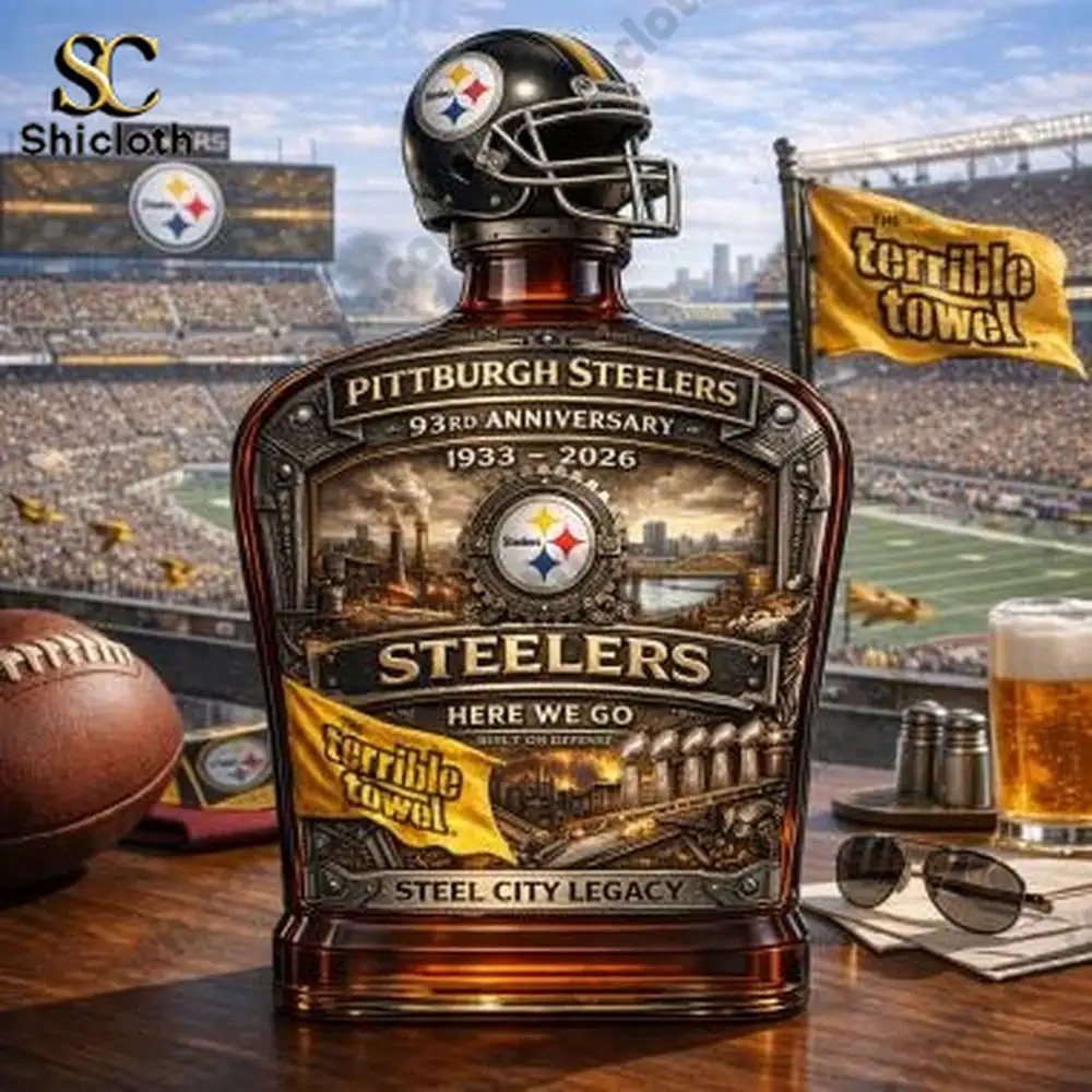 Demogorgon Sculpted Whiskey Glass 84 Pittsburgh Steelers anniversary whiskey decanter on table!