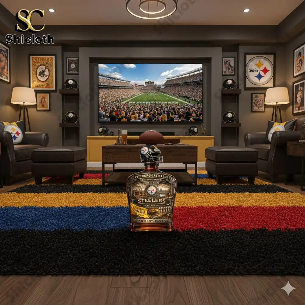 Pittsburgh Steelers whiskey decanter in home theater!