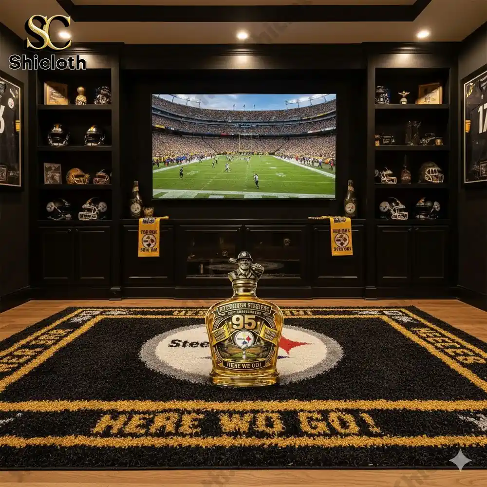 Demogorgon Sculpted Whiskey Glass 136 Steelers themed home theater with display bottle on rug!