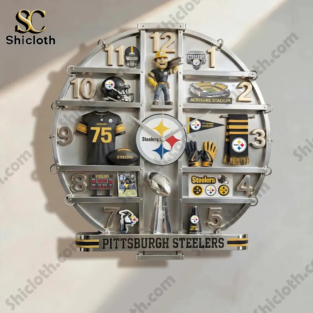 A decorative wall clock featuring Pittsburgh Steelers themed items and memorabilia.