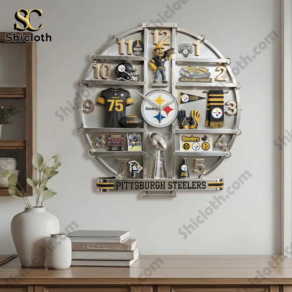 A Pittsburgh Steelers wall clock displayed in a living room setting.