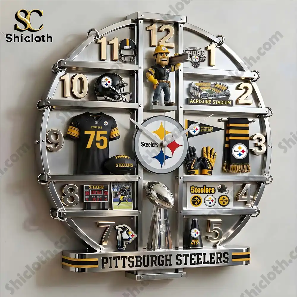 Pittsburgh Steelers Home Decorative Wall Clock 3 A close view of a Steelers themed wall clock and memorabilia.