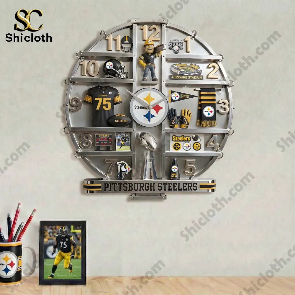 Pittsburgh Steelers Home Decorative Wall Clock 4 A Steelers wall clock hanging above a desk with team themed accessories.