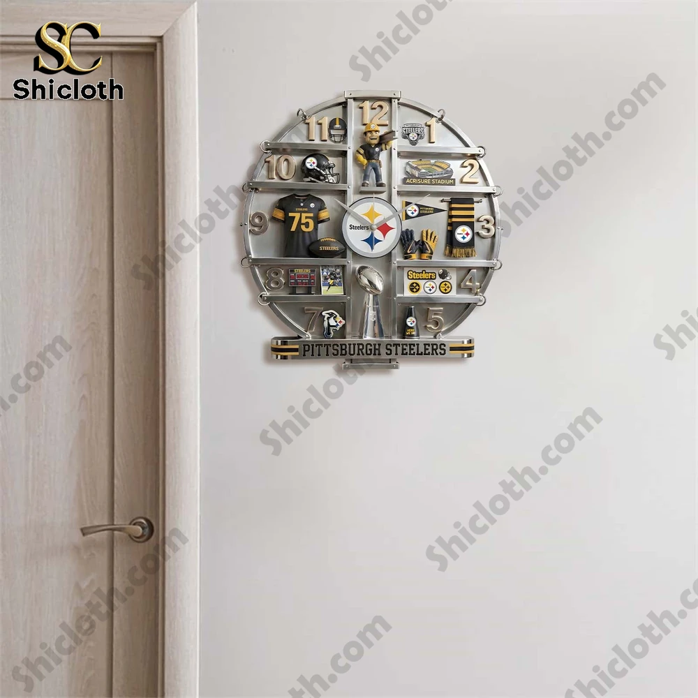 Pittsburgh Steelers Home Decorative Wall Clock 5 A Steelers themed wall clock placed on a white wall near a door.