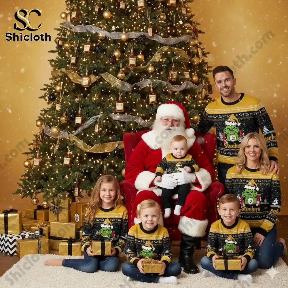 Pittsburgh Steelers The Grinch wearing a Santa Claus hat Ugly Christmas Sweaters