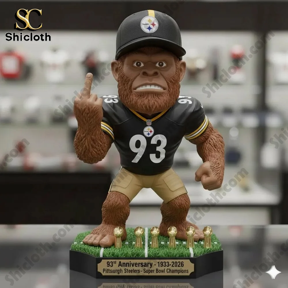 Steelers Bigfoot mascot figure holding up middle finger on a 93rd anniversary commemorative base with six mini trophies.