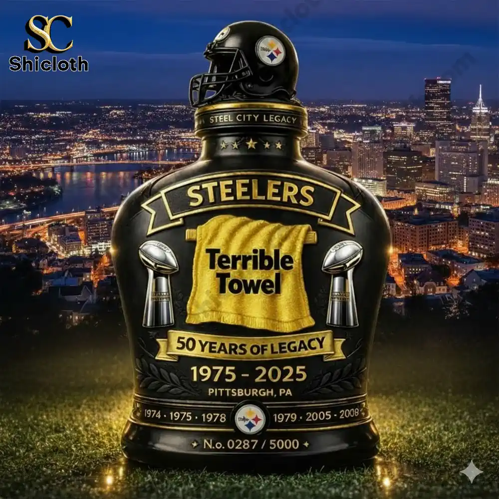 Demogorgon Sculpted Whiskey Glass 182 Steelers Terrible Towel whiskey decanter with city skyline backdrop!