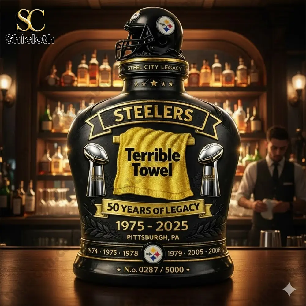 Steelers Terrible Towel whiskey decanter displayed on a classic bar!