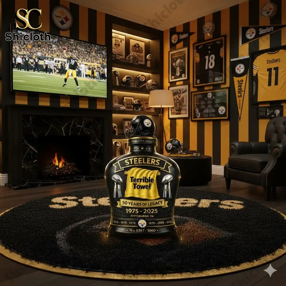 Pittsburgh Steelers Terrible Towel 50 Years Legacy 2025 Whiskey Bottle Decanter 3 Steelers Terrible Towel whiskey decanter in a fan themed living room!