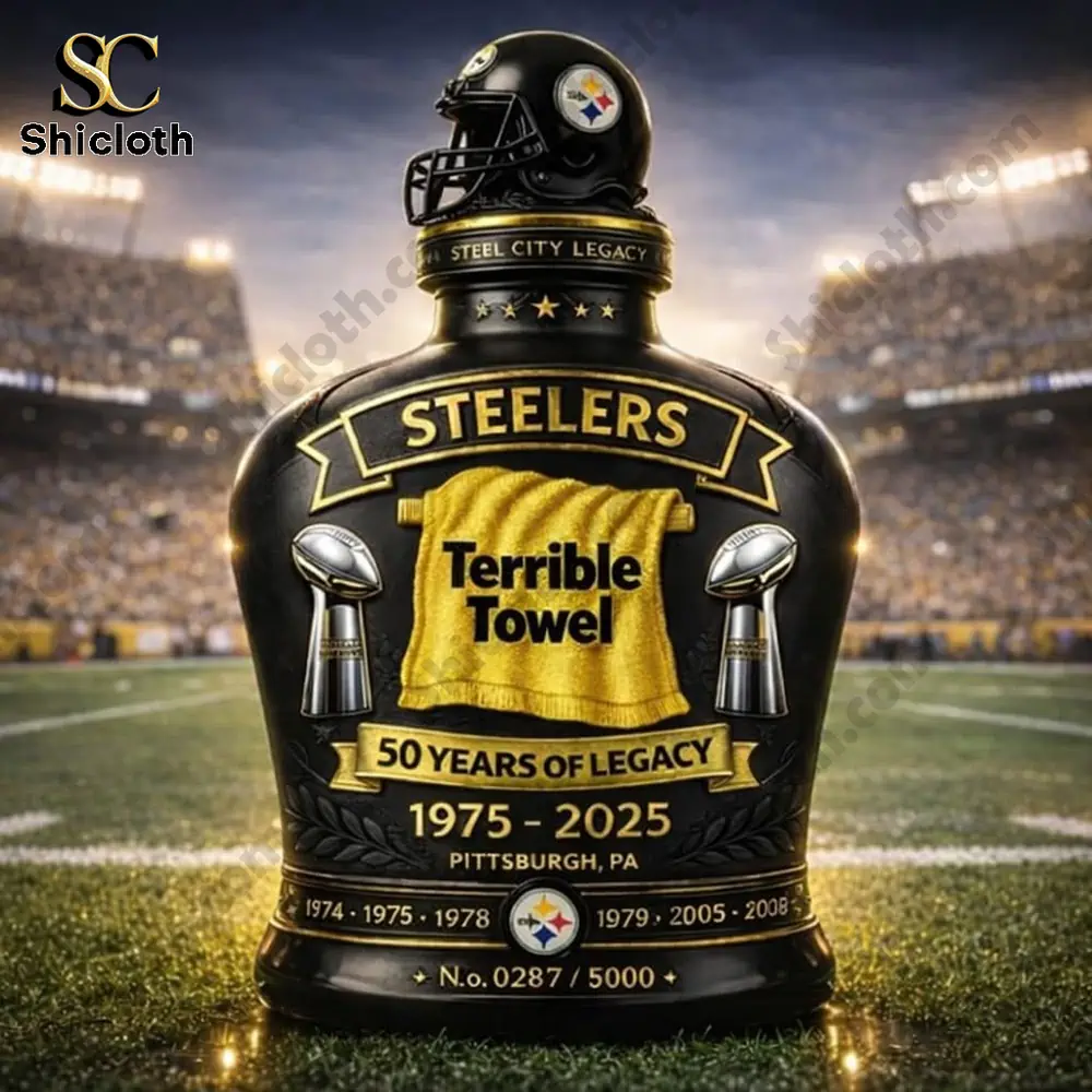 Pittsburgh Steelers Terrible Towel 50 Years Legacy 2025 Whiskey Bottle Decanter 4 Steelers Terrible Towel whiskey decanter on a football field!