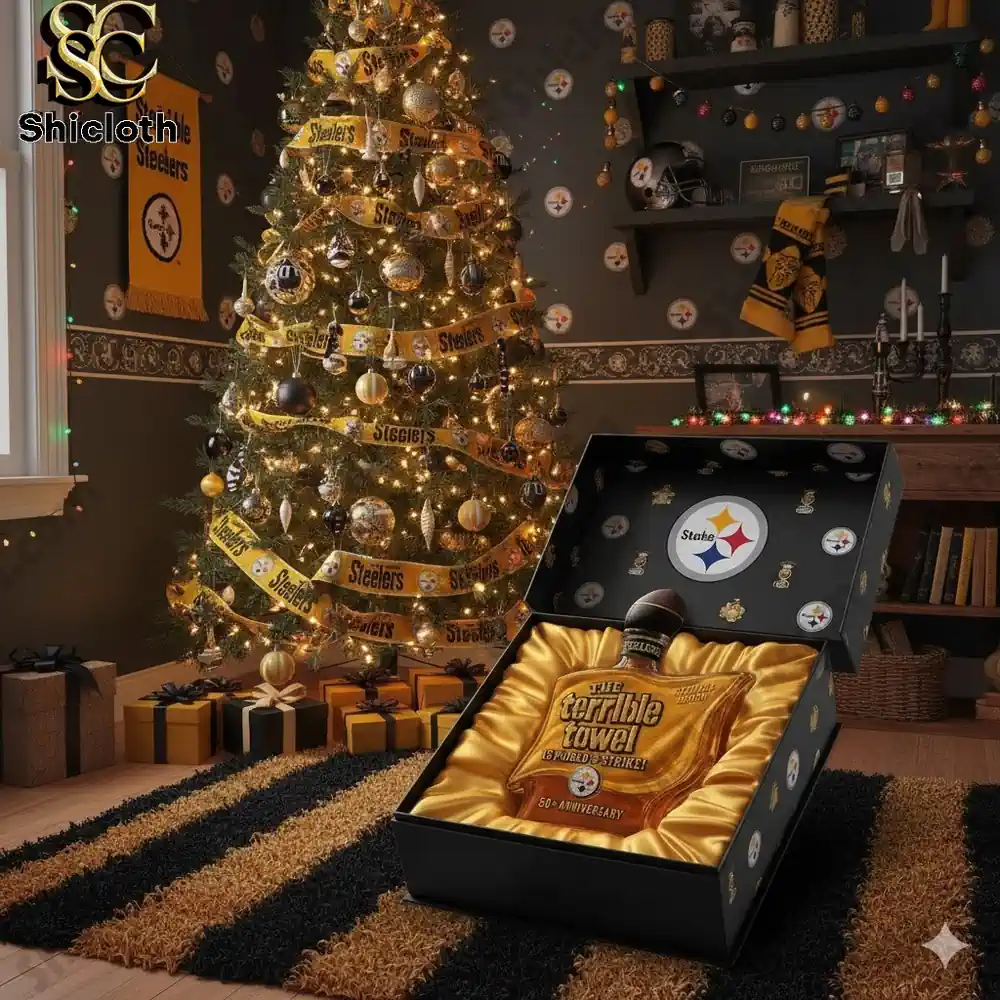 Pittsburgh Steelers Terrible Towel 50th Anniversary Christmas Gift Whiskey Bottle