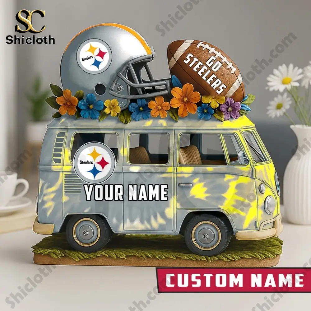 Steelers van acrylic plaque with helmet football and custom name on tabletop!
