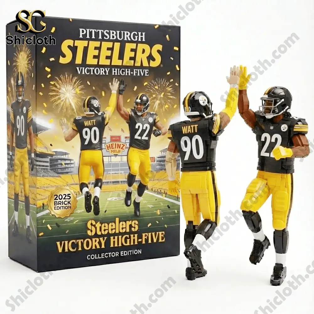 Two collectible brick style figures in Pittsburgh Steelers uniforms high five in front of a product box.