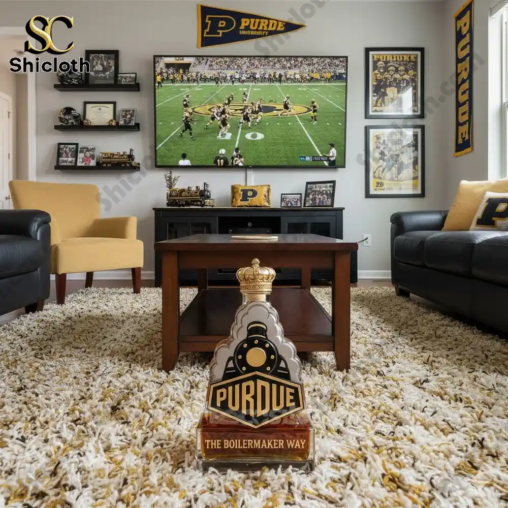 A Purdue Boilermaker whiskey bottle on a coffee table in a Purdue-themed living room with football memorabilia.