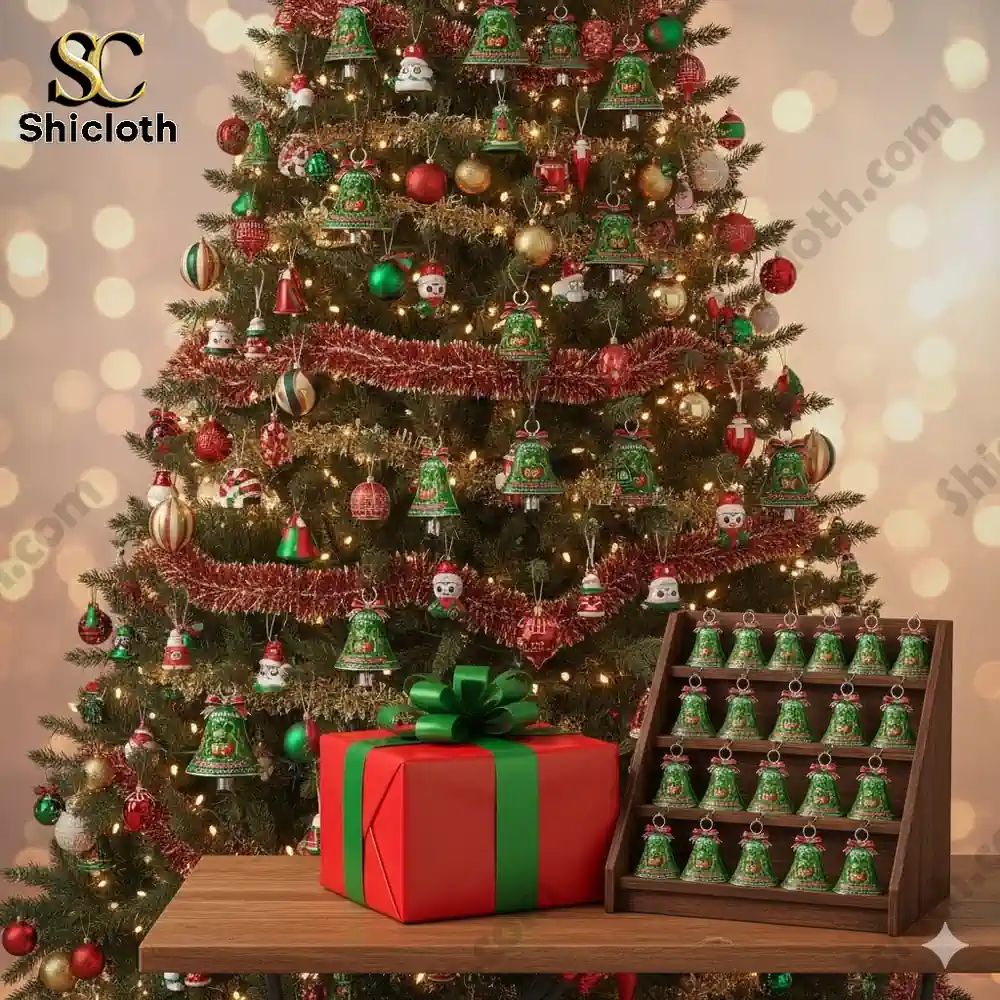 Christmas tree decorated with green guardian bells and gift box in front!
