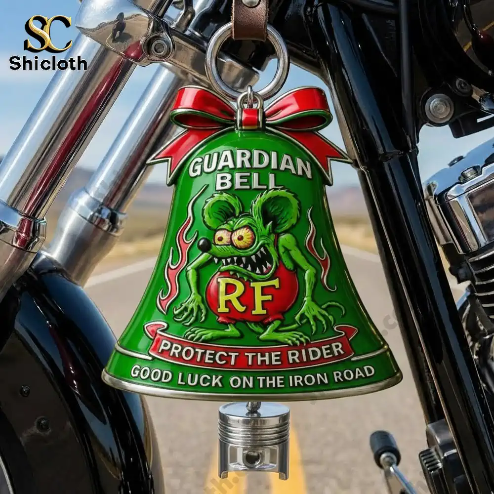 Green guardian bell hanging on a motorcycle on an open road!