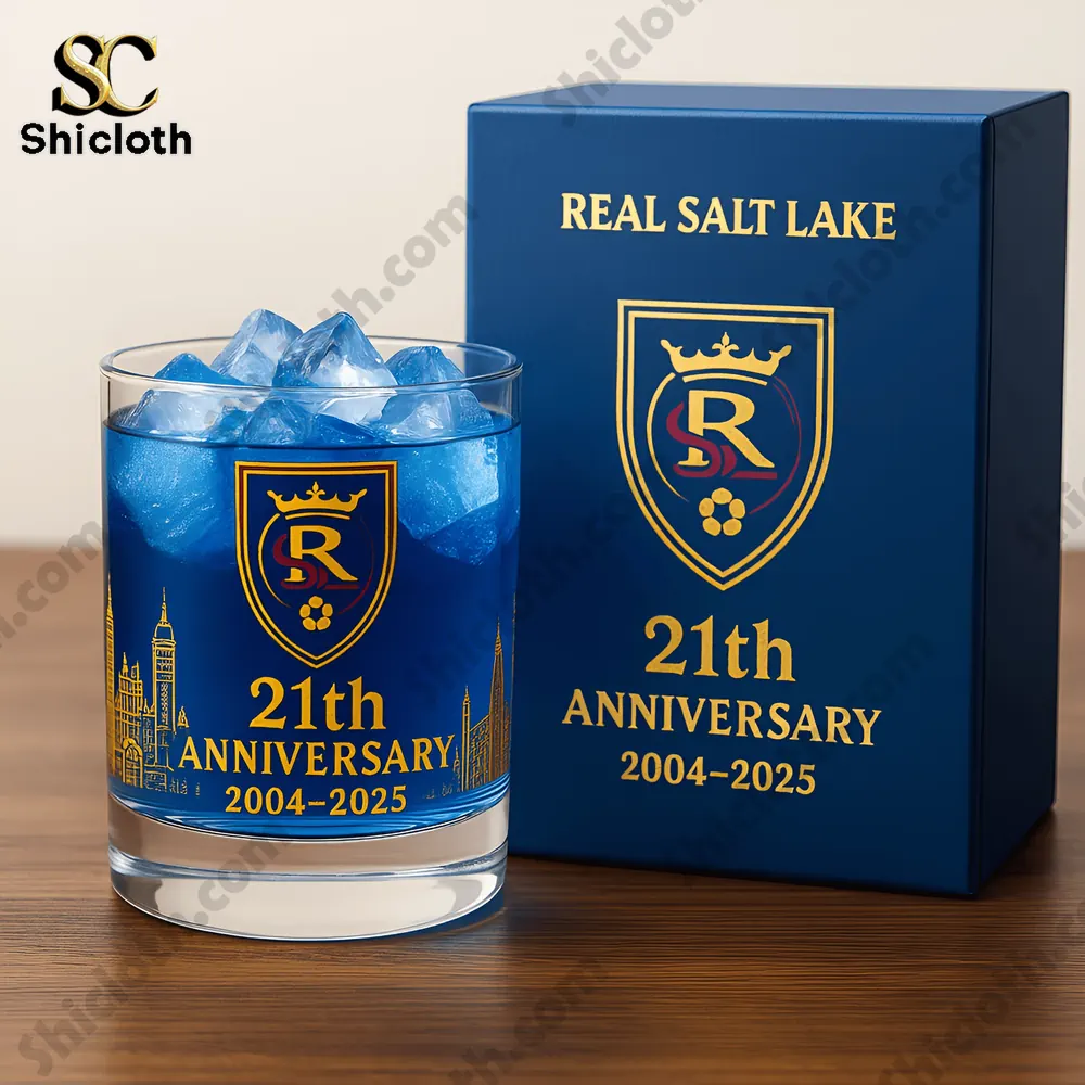 Real Salt Lake anniversary glass with blue drink and gift box!