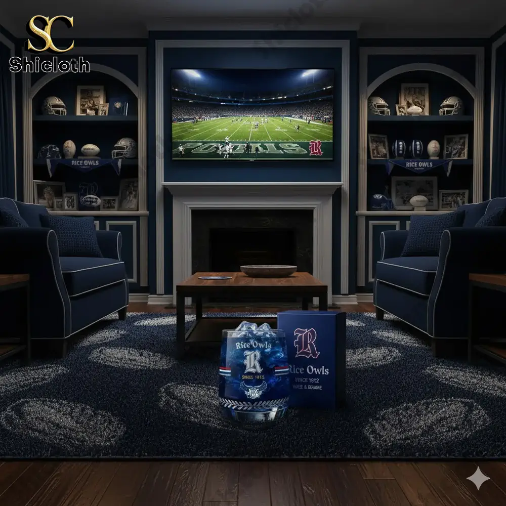 A dark blue sports themed room with Rice Owls decor and a blue drink glass on a rug.