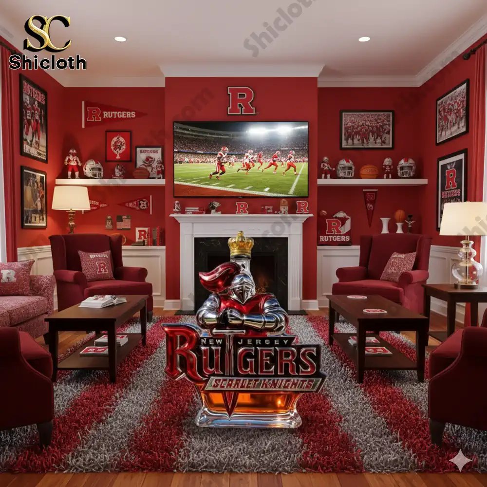 Rutgers Scarlet Knights whiskey bottle displayed in a red themed fan room!