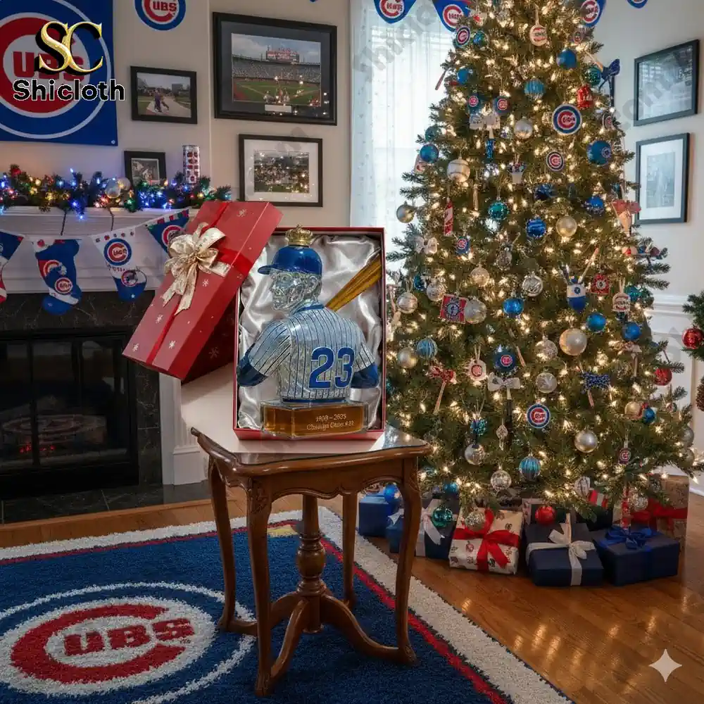 A Ryne Sandberg whiskey bottle in a Christmas setting, displayed under a Christmas tree with Cubs decorations.