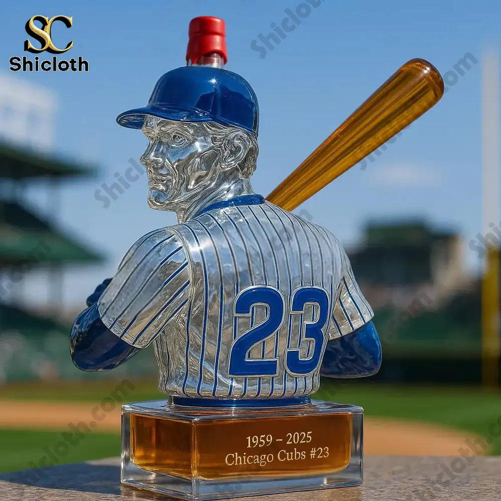 Close-up view of Ryne Sandberg Chicago Cubs whiskey bottle with clear design and bottle cap.