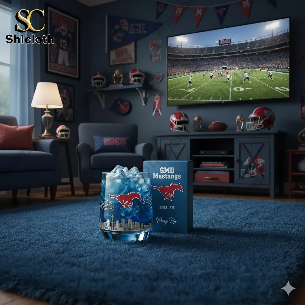 A cozy SMU fan room with a glass of drink and SMU Mustangs game on TV.