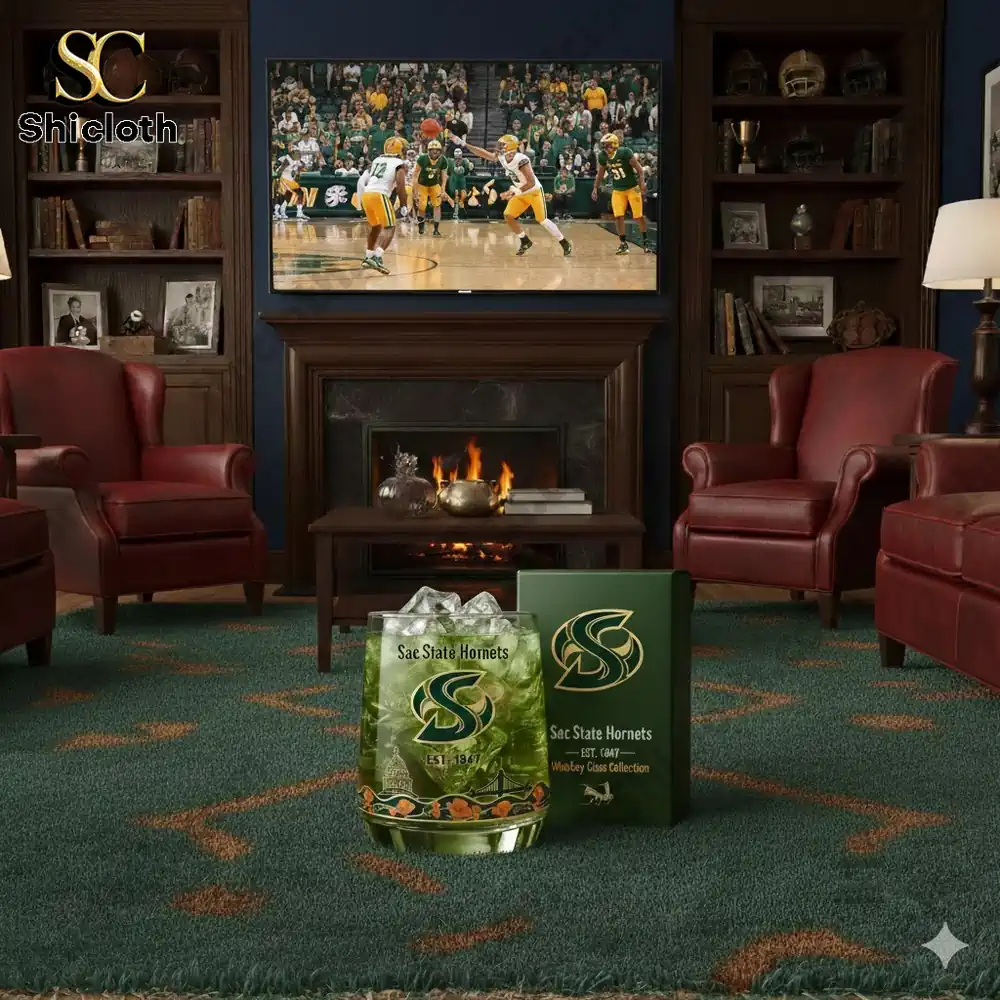 A cozy room with a basketball game displayed on a flat-screen TV and a personalized whiskey glass with Sac State Hornets branding on a table.