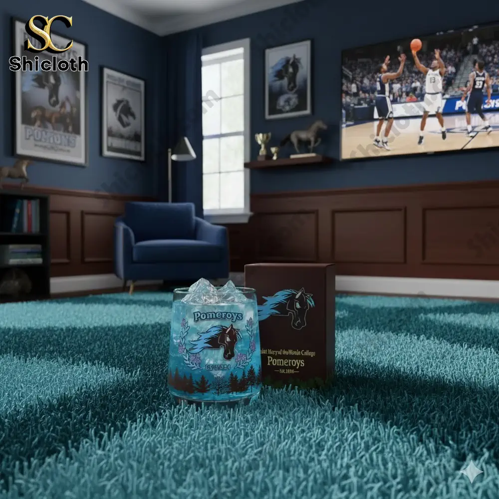 A Pomeroys glass with ice, sitting on a blue rug in a living room with sports memorabilia on the walls and a TV showing a basketball game.