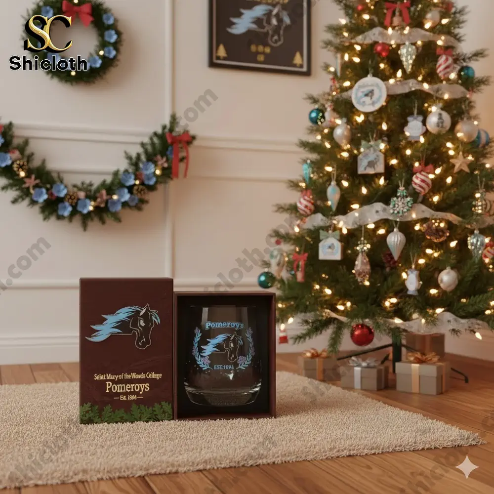 A Pomeroys glass and box placed on a rug with a Christmas tree decorated with colorful ornaments and garlands.