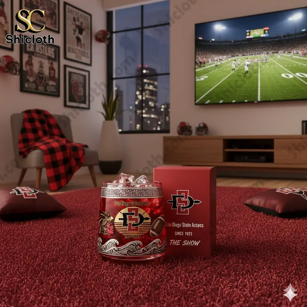 San Diego State Aztecs whiskey glass displayed in a football themed living room!