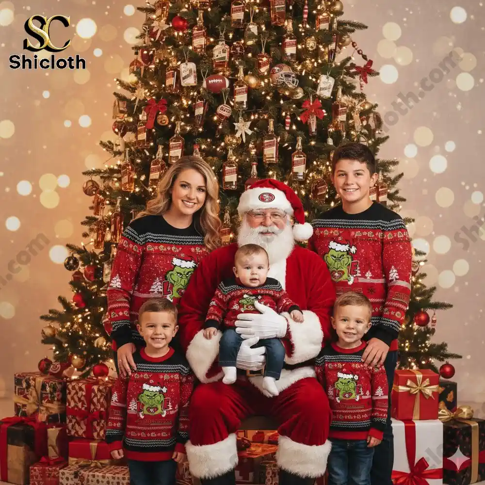 San Francisco 49ers The Grinch wearing a Santa Claus hat Ugly Christmas Sweaters