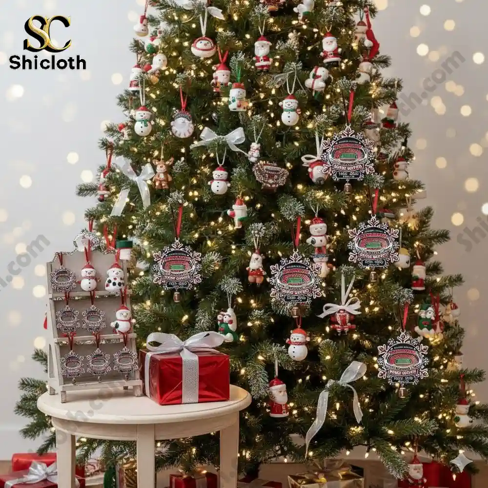 Christmas tree decorated with Shicloth Dawg Nation ornaments and holiday figures
