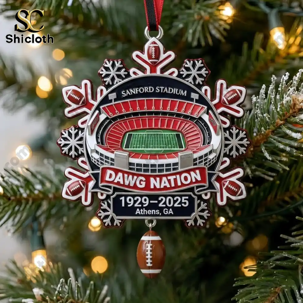 Close up of a Shicloth Dawg Nation stadium ornament hanging on a Christmas tree