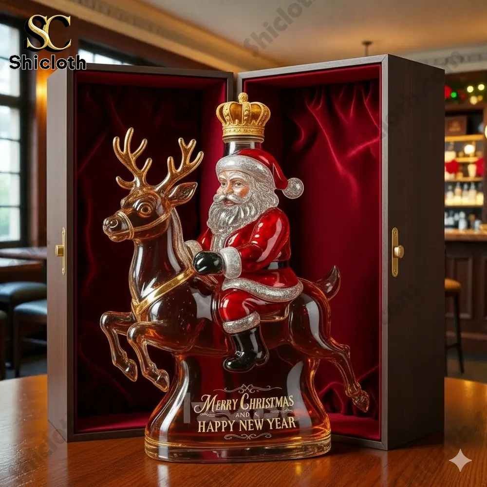 A limited edition Santa Claus whiskey bottle featuring a reindeer, encased in a wooden box with velvet lining.